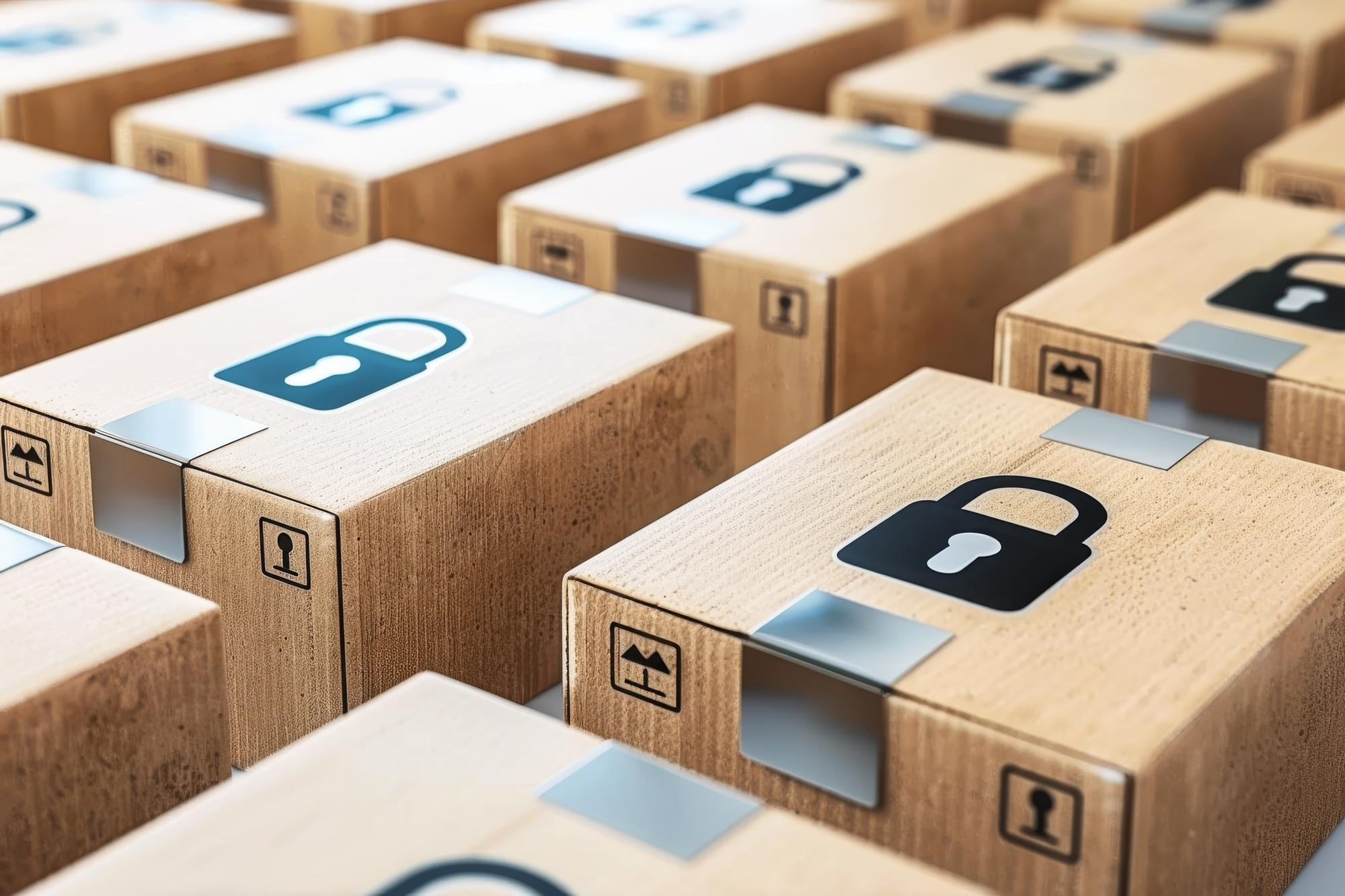 Rzędy kartonów transportowych z ikonami kłódek, symbol bezpiecznego obchodzenia się z ładunkiem i danymi.