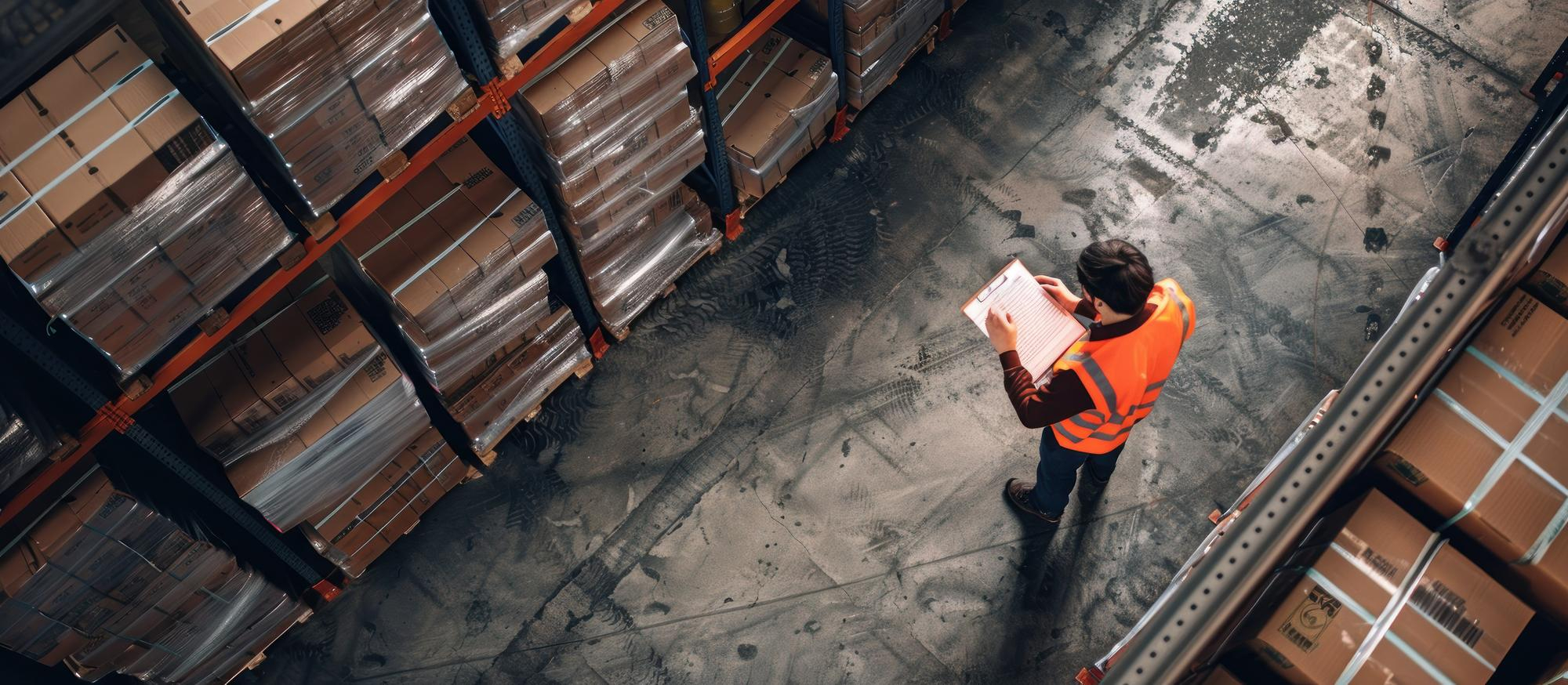 Planista logistyczny z tabletem w alejce magazynowej.